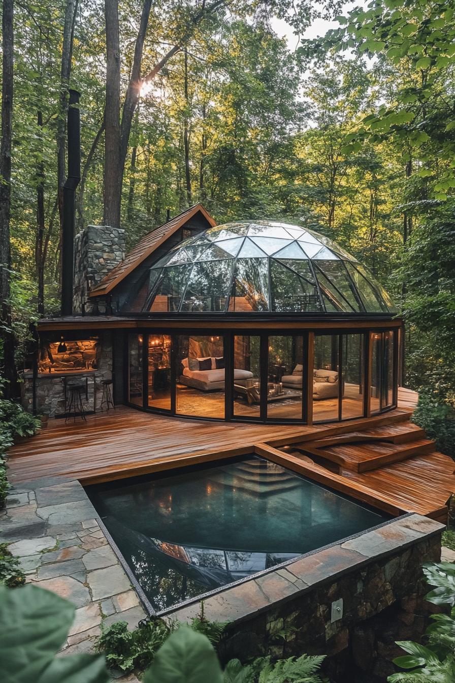 modern dome glass cabin in a lush forest with a large walnut wood deck with a plunge pool