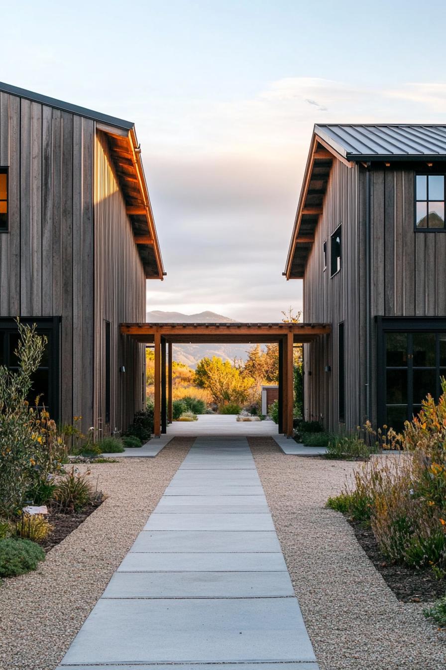 modern double barn house consisting of two buildings and a roof covered area in the middle 1