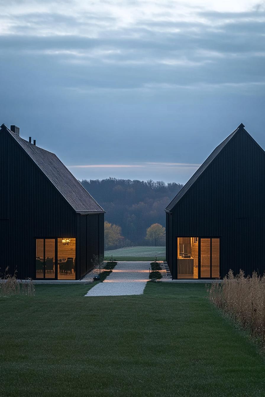 modern double barn house consisting of two buildings and a roof covered area in the middle 2