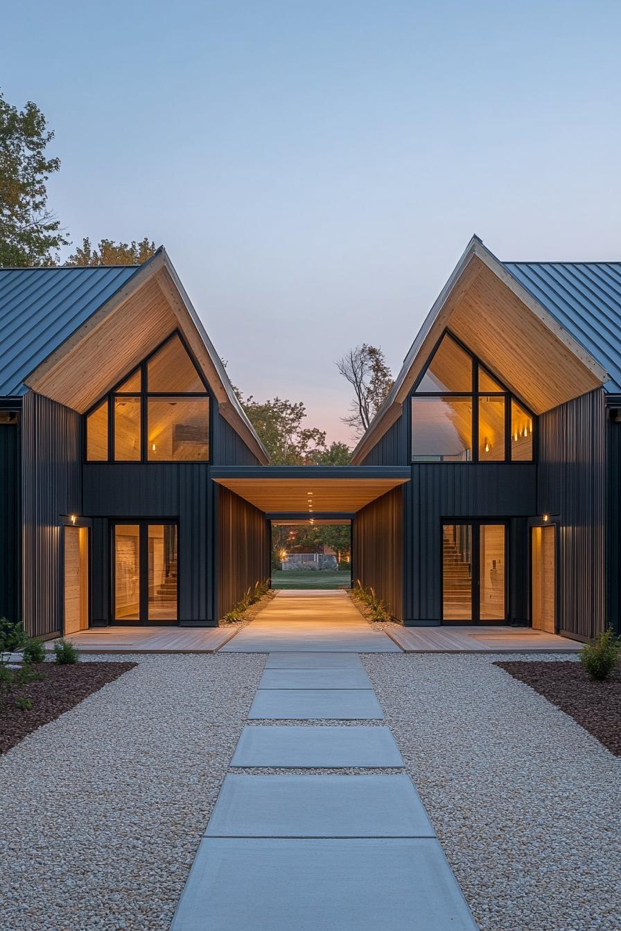 modern double barn house consisting of two buildings and a roof covered area in the middle 3