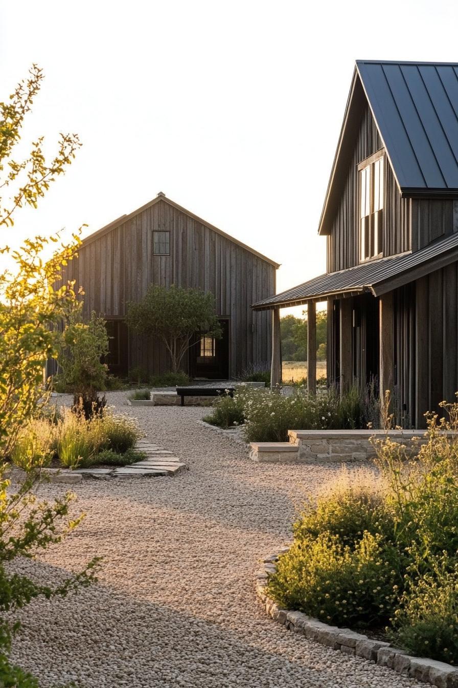 modern double barn house consisting of two buildings and a roof covered area in the middle