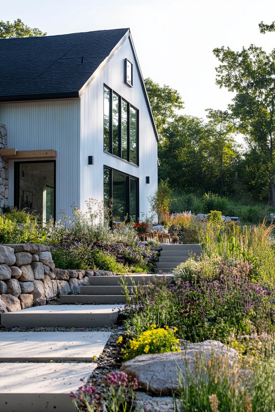 modern farmhouse with permaculture landscape