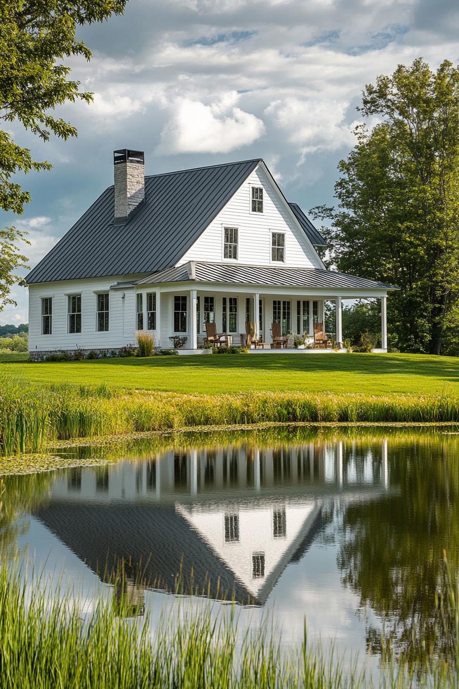 modern farmhouse with wraparound porch clapboard siding multi pitch metal roof chimney pond in front with reflection of the house green fields 1