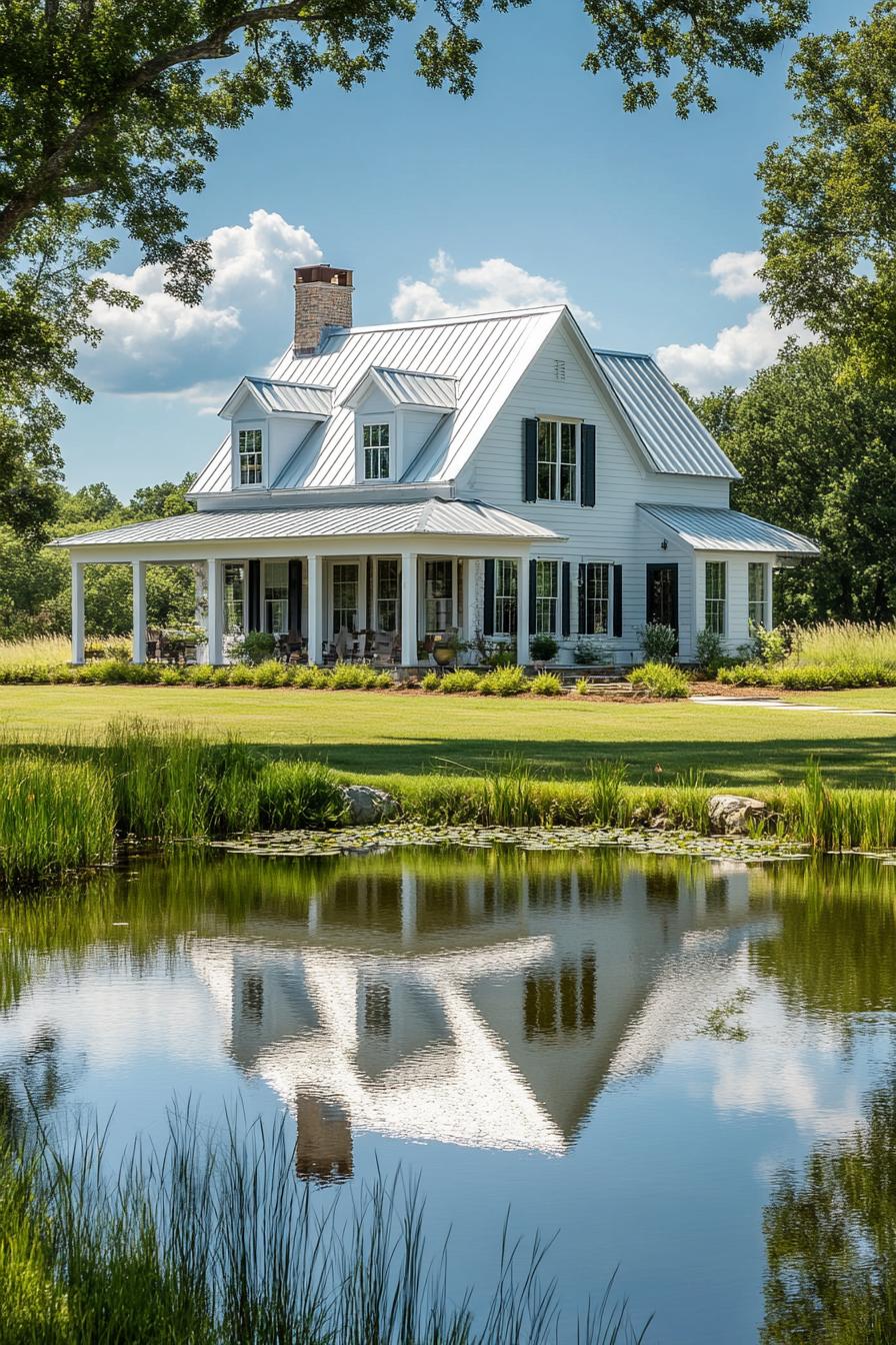 modern farmhouse with wraparound porch clapboard siding multi pitch metal roof chimney pond in front with reflection of the house green fields