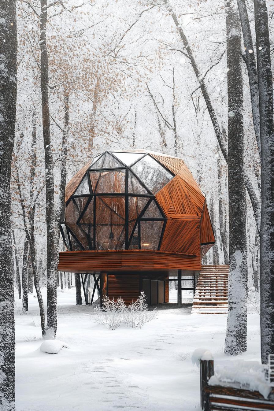 modern forest house geodesic facade with wood paneling winter forest 1