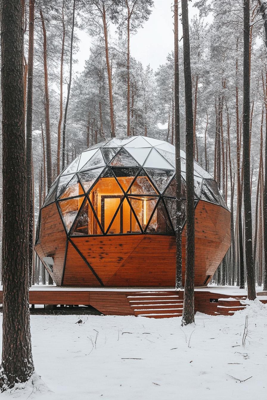 modern forest house geodesic facade with wood paneling winter forest 2