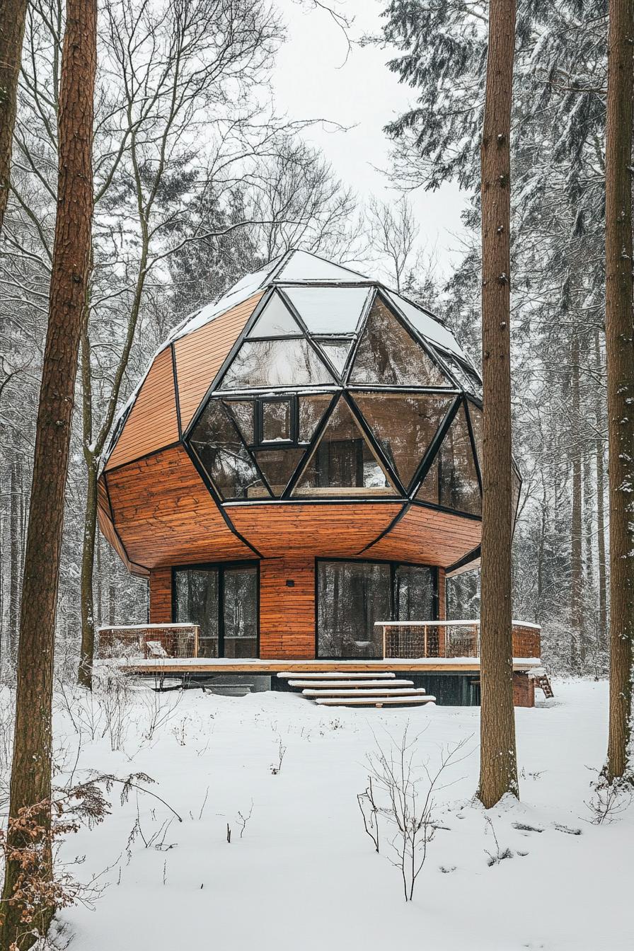 modern forest house geodesic facade with wood paneling winter forest 3