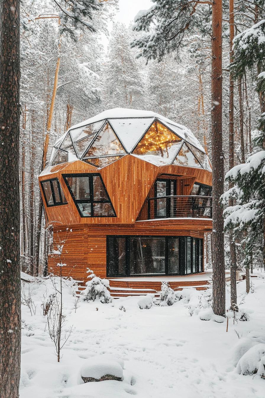 modern forest house geodesic facade with wood paneling winter forest