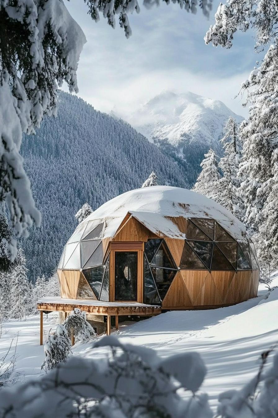 modern geodesic dome cabin in winter mountains