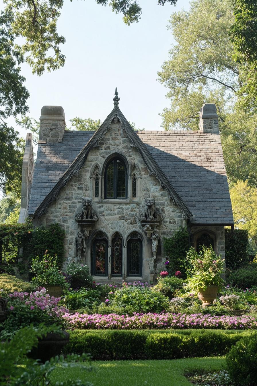 modern gothic style cottage facade with gargoyles French country landscape 1