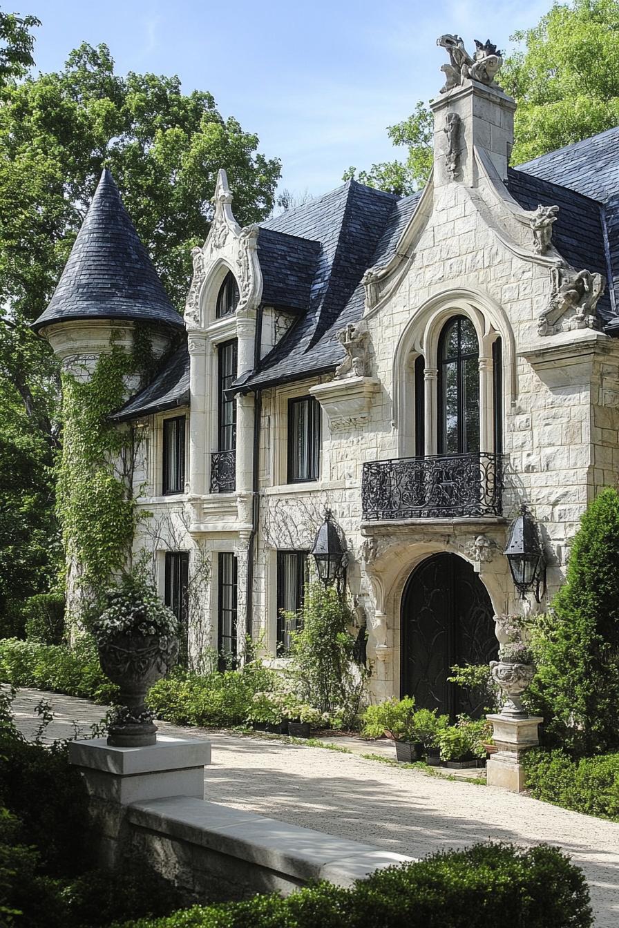 modern gothic style cottage facade with gargoyles French country landscape