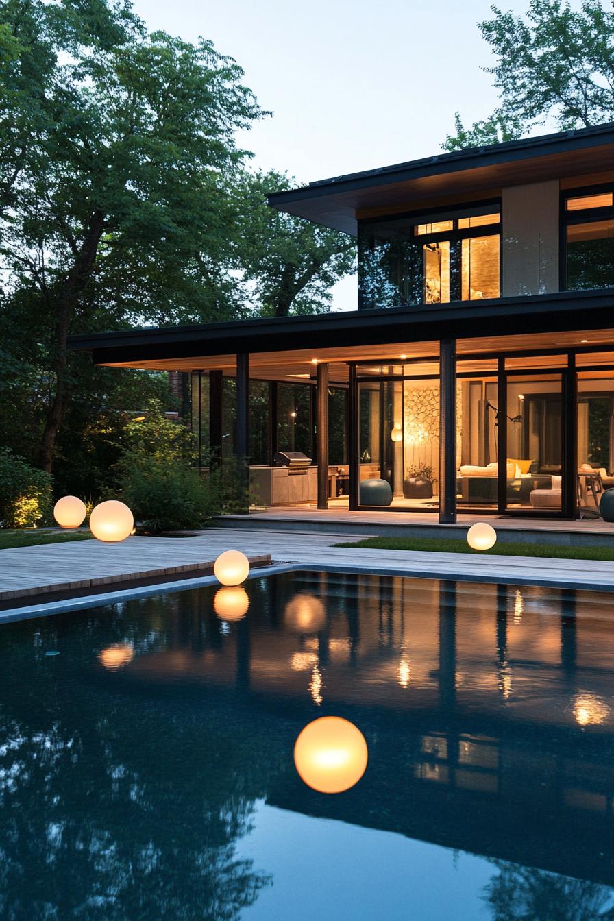 modern house backyard pool with floating light spheres 1