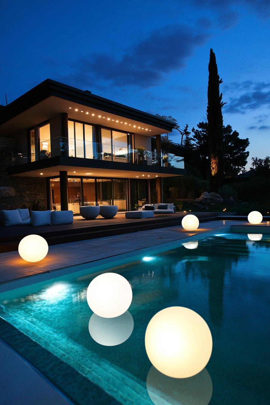 modern house backyard pool with floating light spheres 2