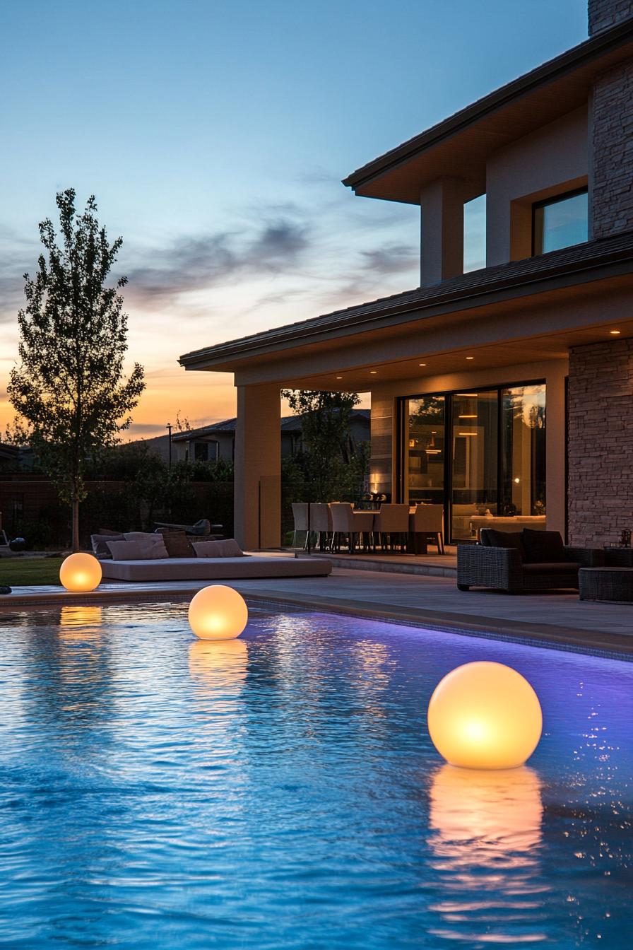 modern house backyard pool with floating light spheres 3