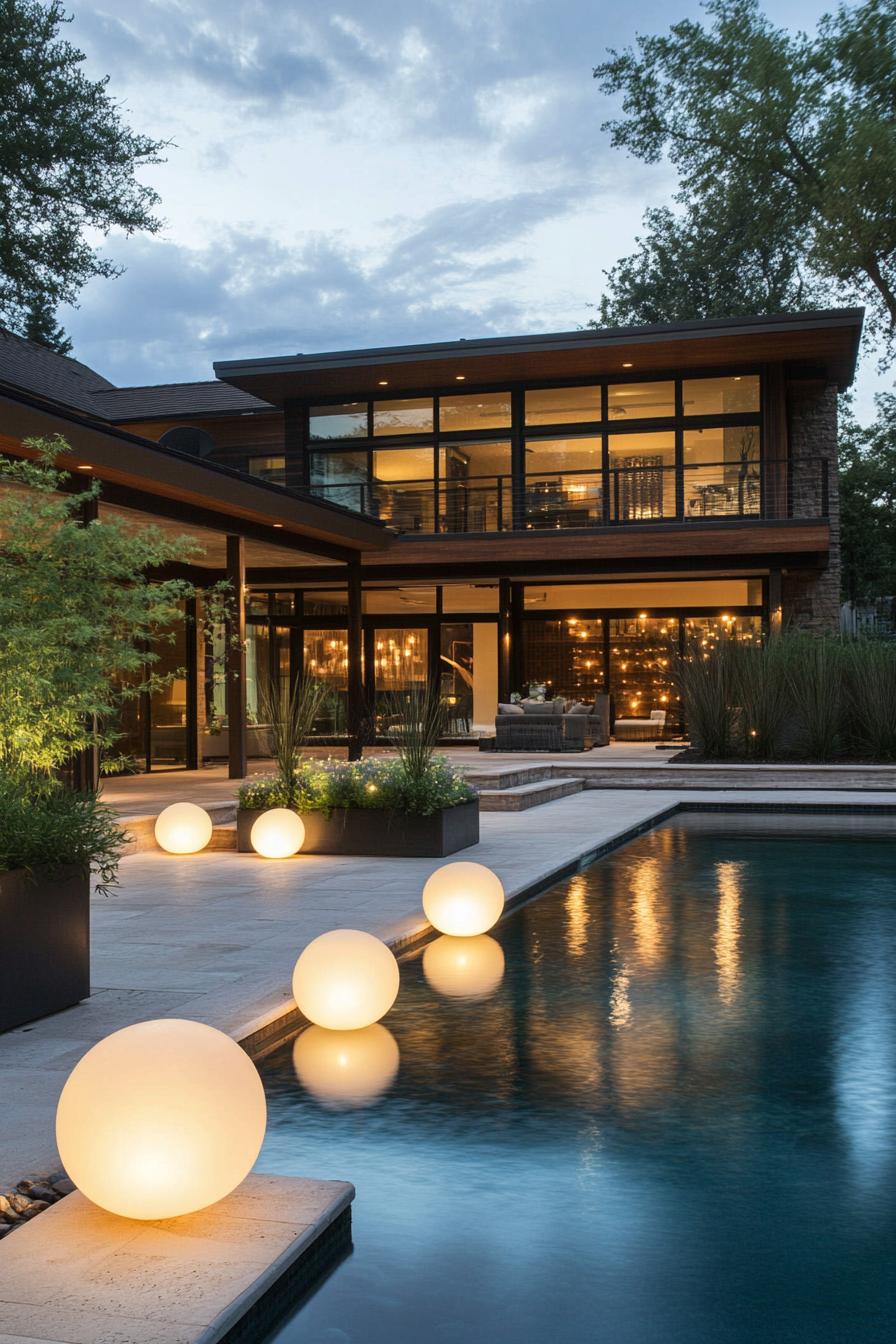 modern house backyard pool with floating light spheres