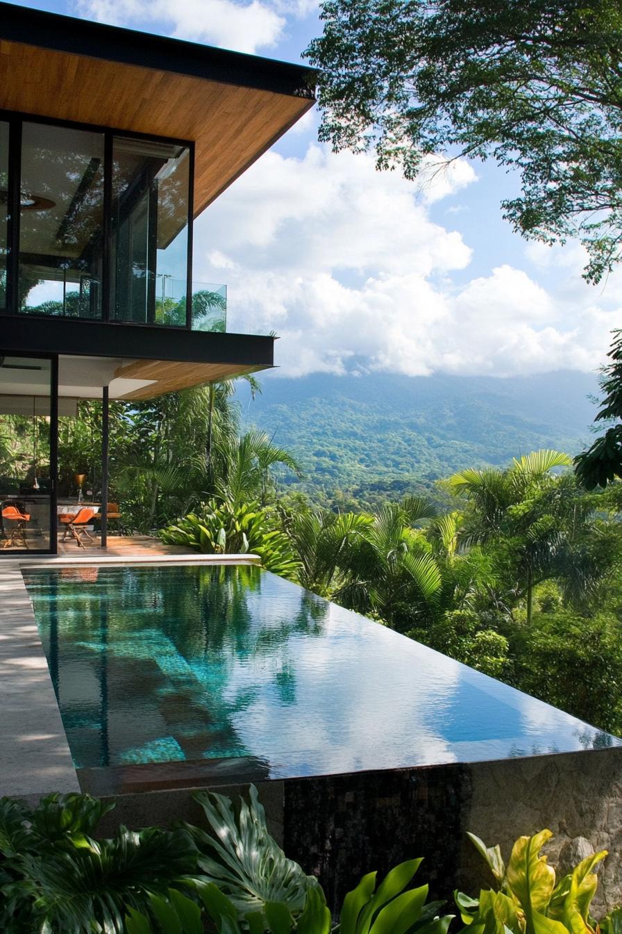 modern house small pool among lush greenery tropical mountain views