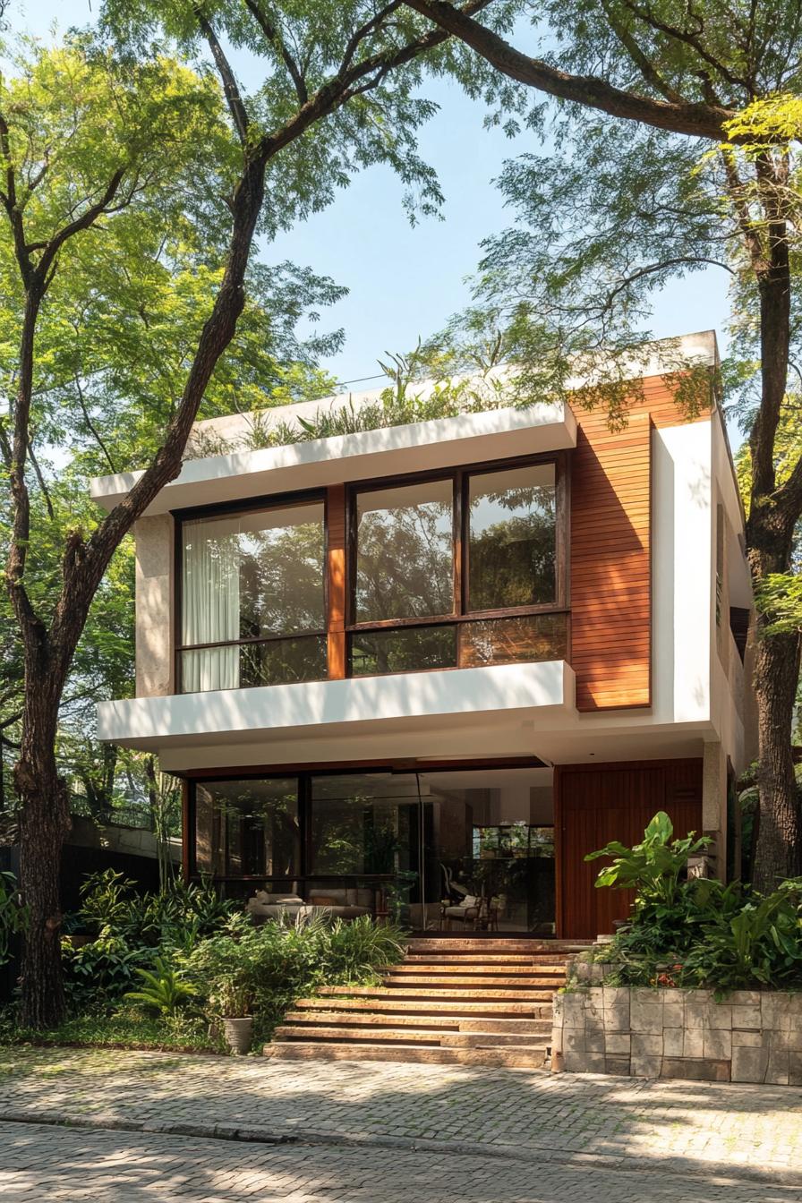 modern house with geometric solid facade shaded around with trees 1