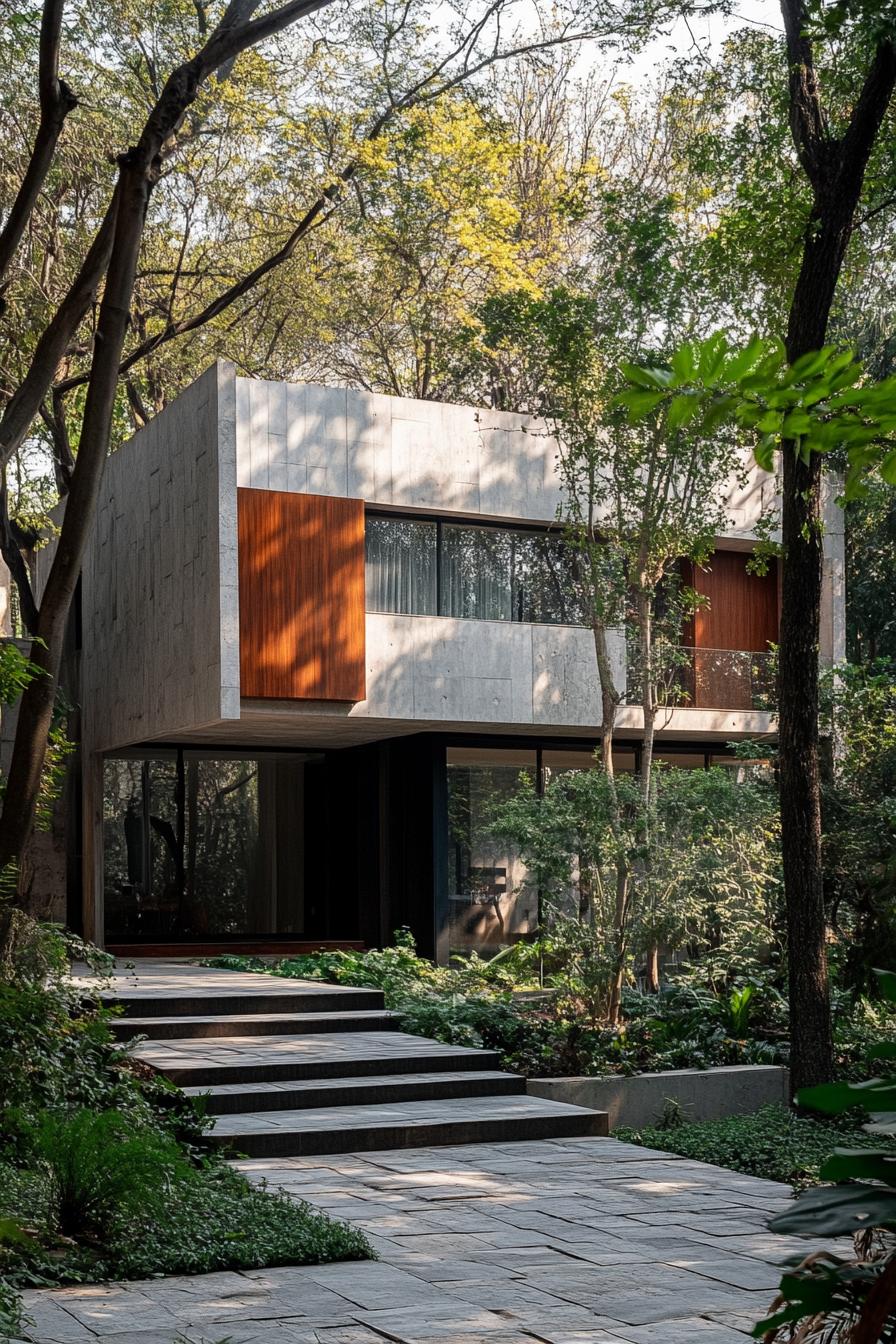 modern house with geometric solid facade shaded around with trees 2