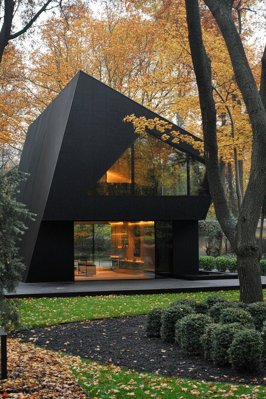 modern house with geometric solid facade shaded around with trees