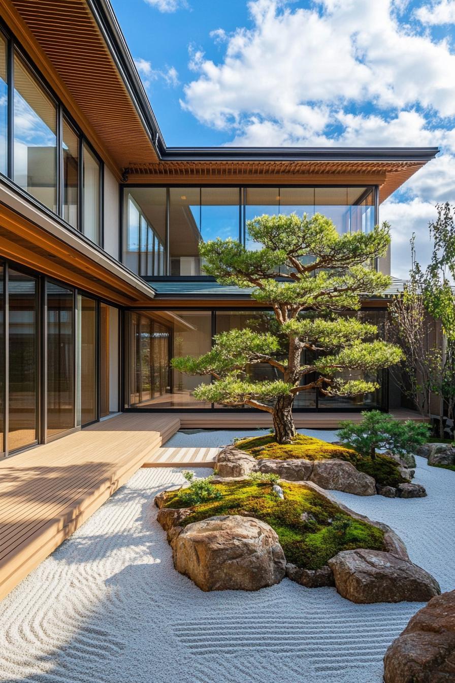 Japanese courtyard with sand garden and pruned tree