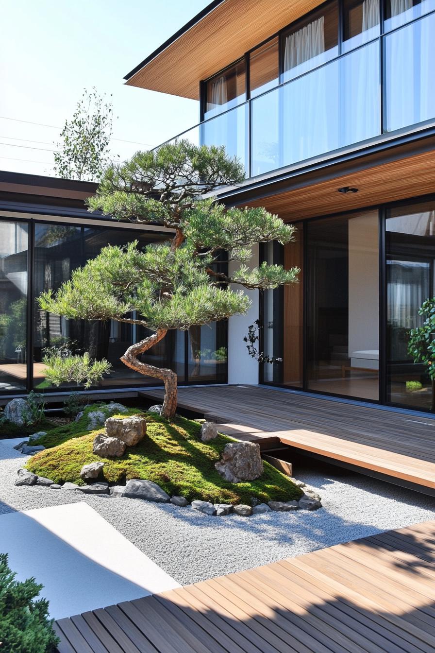 modern japanese house inner courtyard with minimalist deck and laid tatami mats the courtyard has a small zen garden with bonsai trees 2