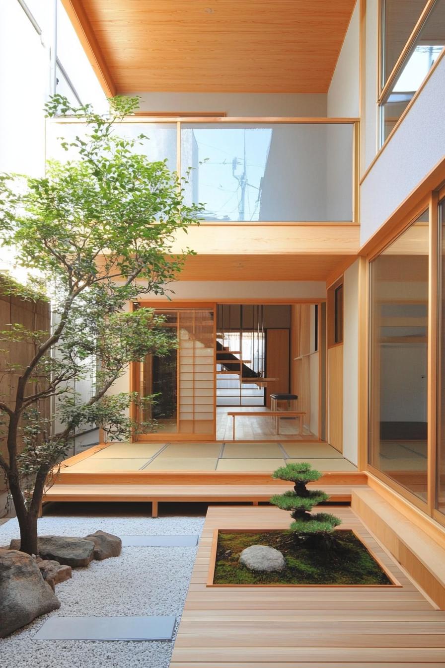 modern japanese house inner courtyard with minimalist deck and laid tatami mats the courtyard has a small zen garden with bonsai trees 3