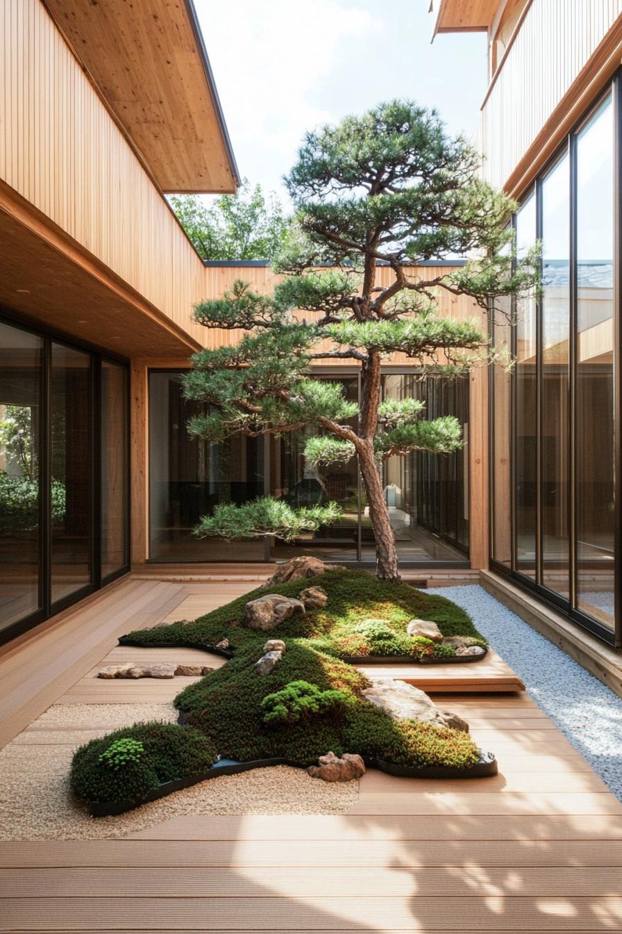 modern japanese house inner courtyard with minimalist deck and laid tatami mats the courtyard has a small zen garden with bonsai trees