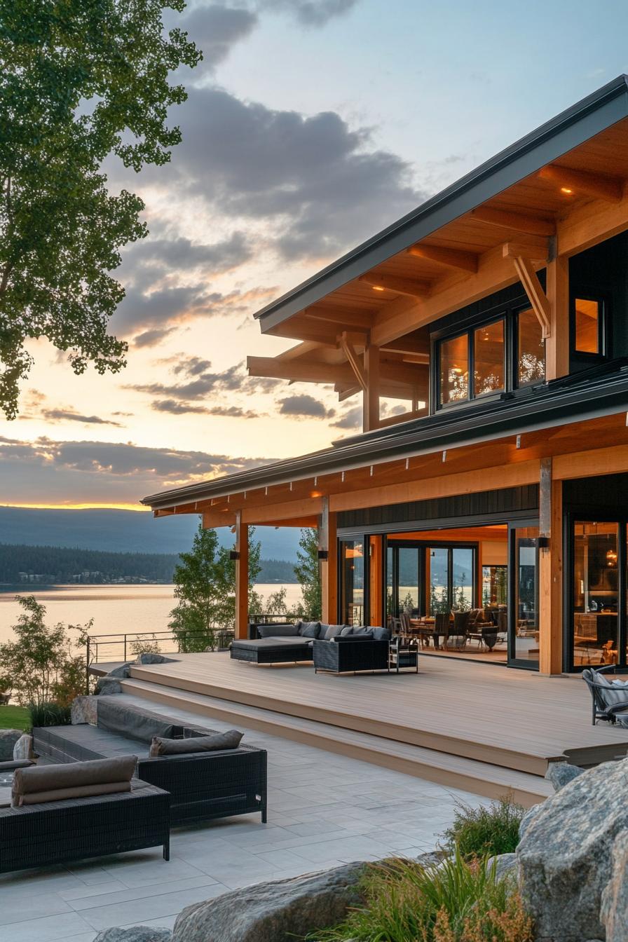 modern japanese style timber frame house facade with open timber frame large overhang and large deck with sitting area overlooking a beautiful lake down the hill 1