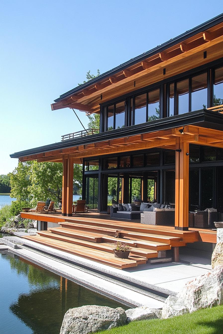 modern japanese style timber frame house facade with open timber frame large overhang and large deck with sitting area overlooking a beautiful lake down the hill 2