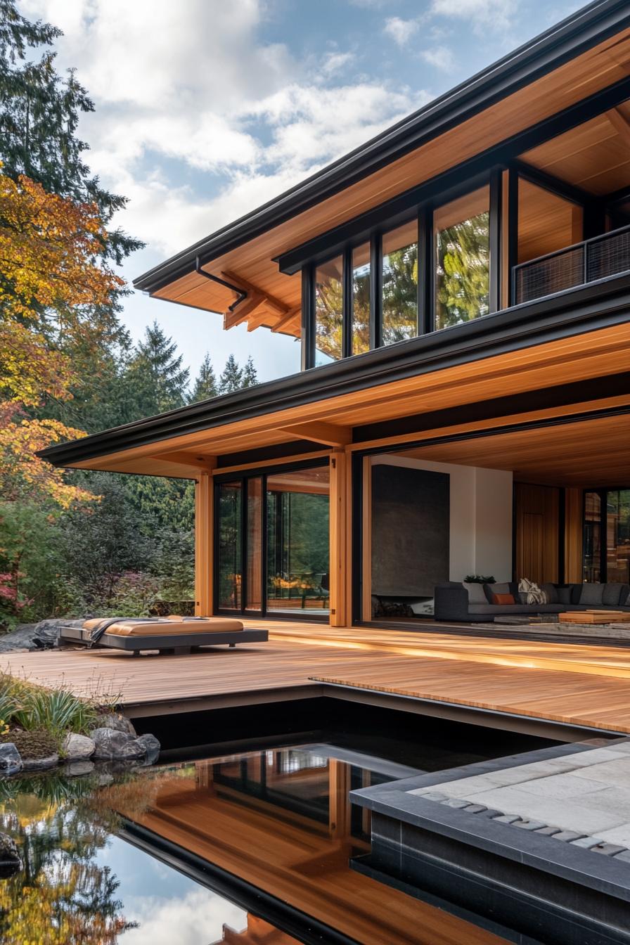 modern japanese style timber frame house facade with open timber frame large overhang and large deck with sitting area overlooking a beautiful lake down the hill 3