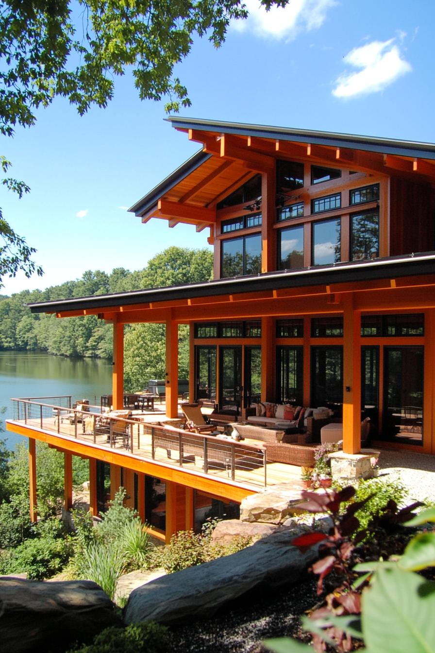 modern japanese style timber frame house facade with open timber frame large overhang and large deck with sitting area overlooking a beautiful lake down the hill