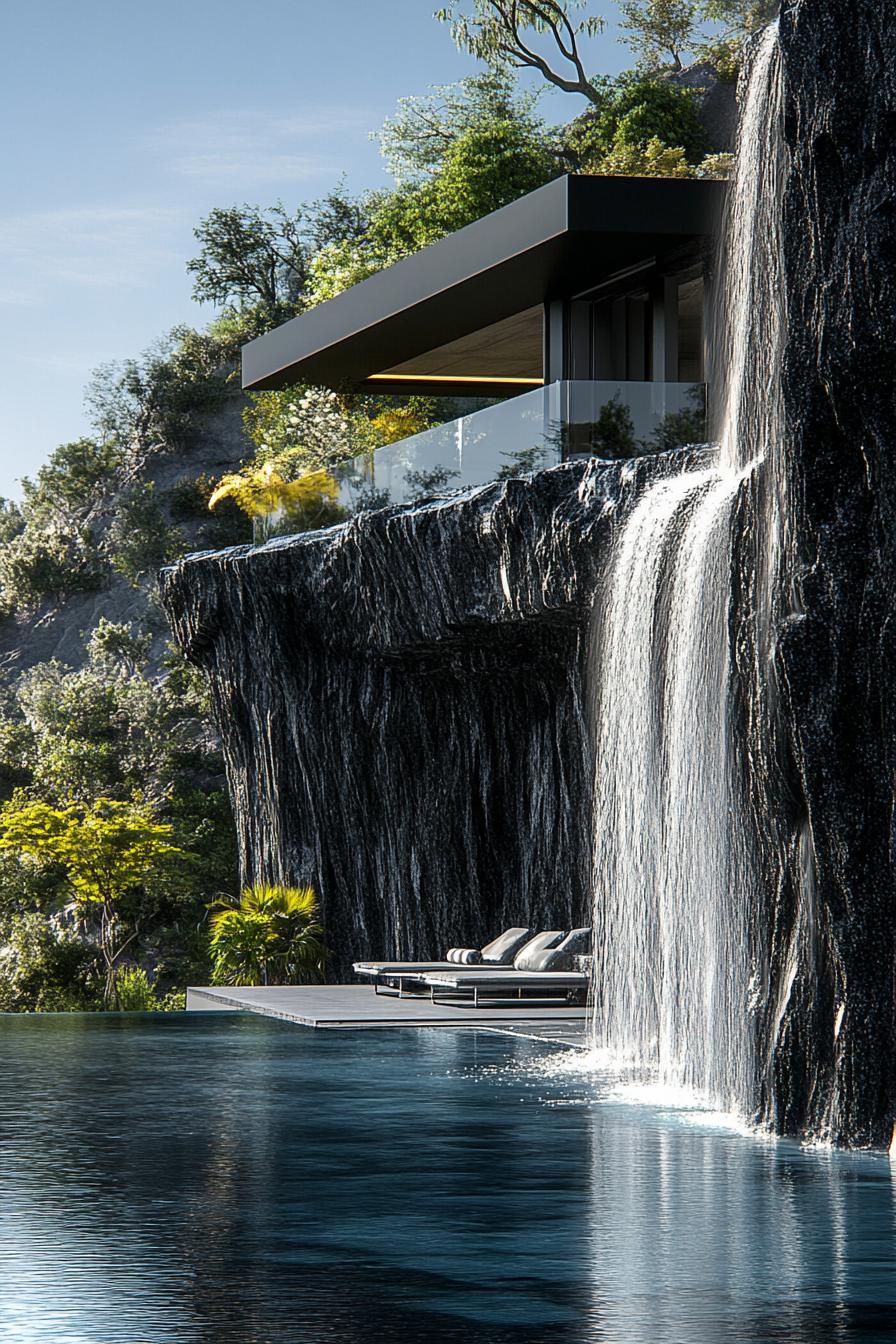 modern luxury black marble house by a cliff a waterfall is coming down from the cliff into a pool with deck trees are visible on the cliff 1