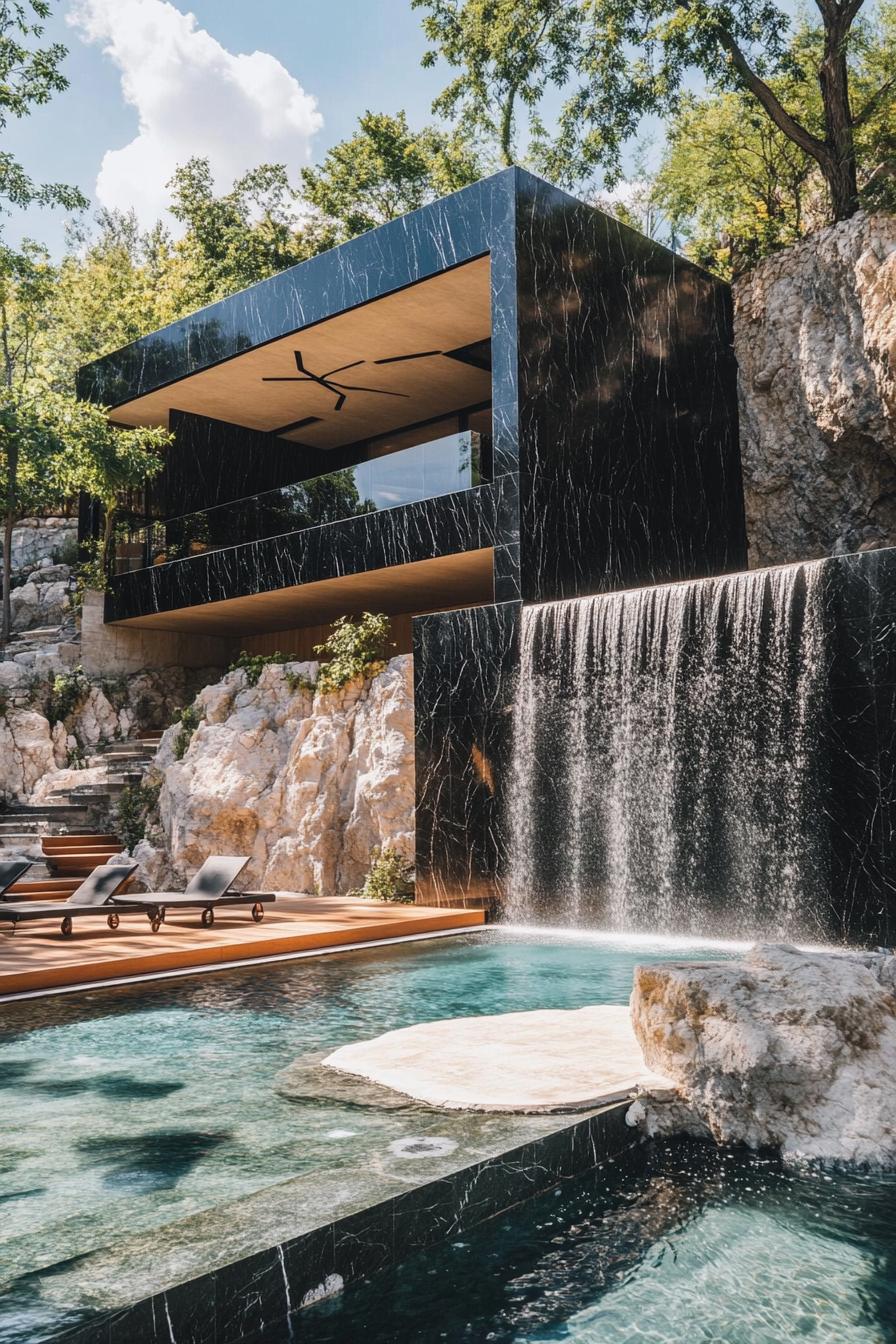 modern luxury black marble house by a cliff a waterfall is coming down from the cliff into a pool with deck trees are visible on the cliff 2