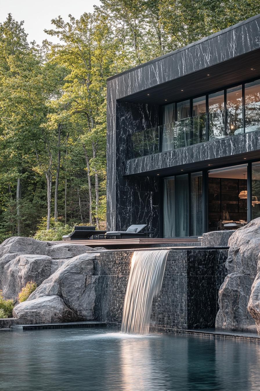 modern luxury black marble house by a cliff a waterfall is coming down from the cliff into a pool with deck trees are visible on the cliff