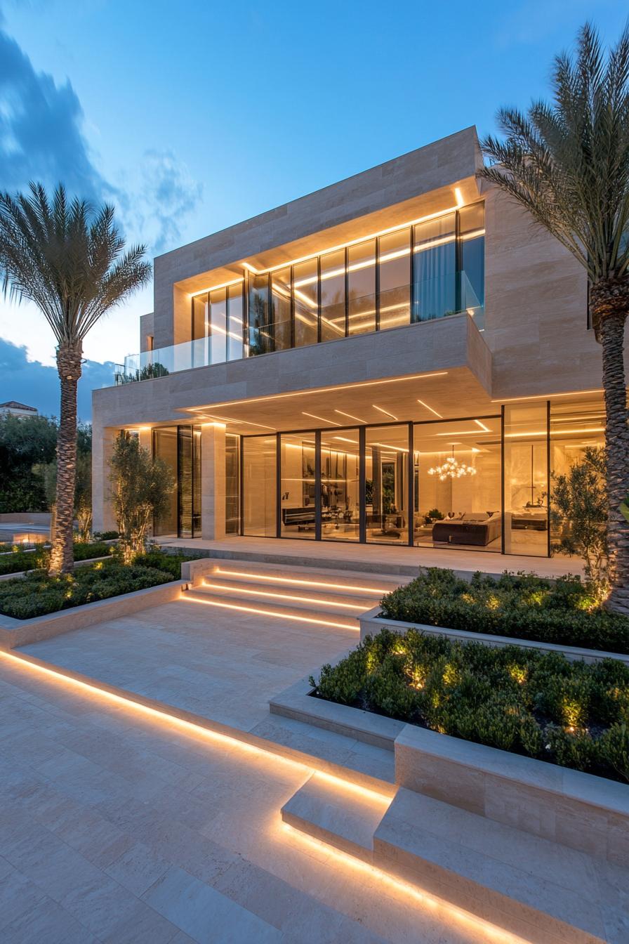 modern luxury house geometric limestone facade with glass roof terrace limestone yard with plant beds and trees LED lighting palm trees in the 1