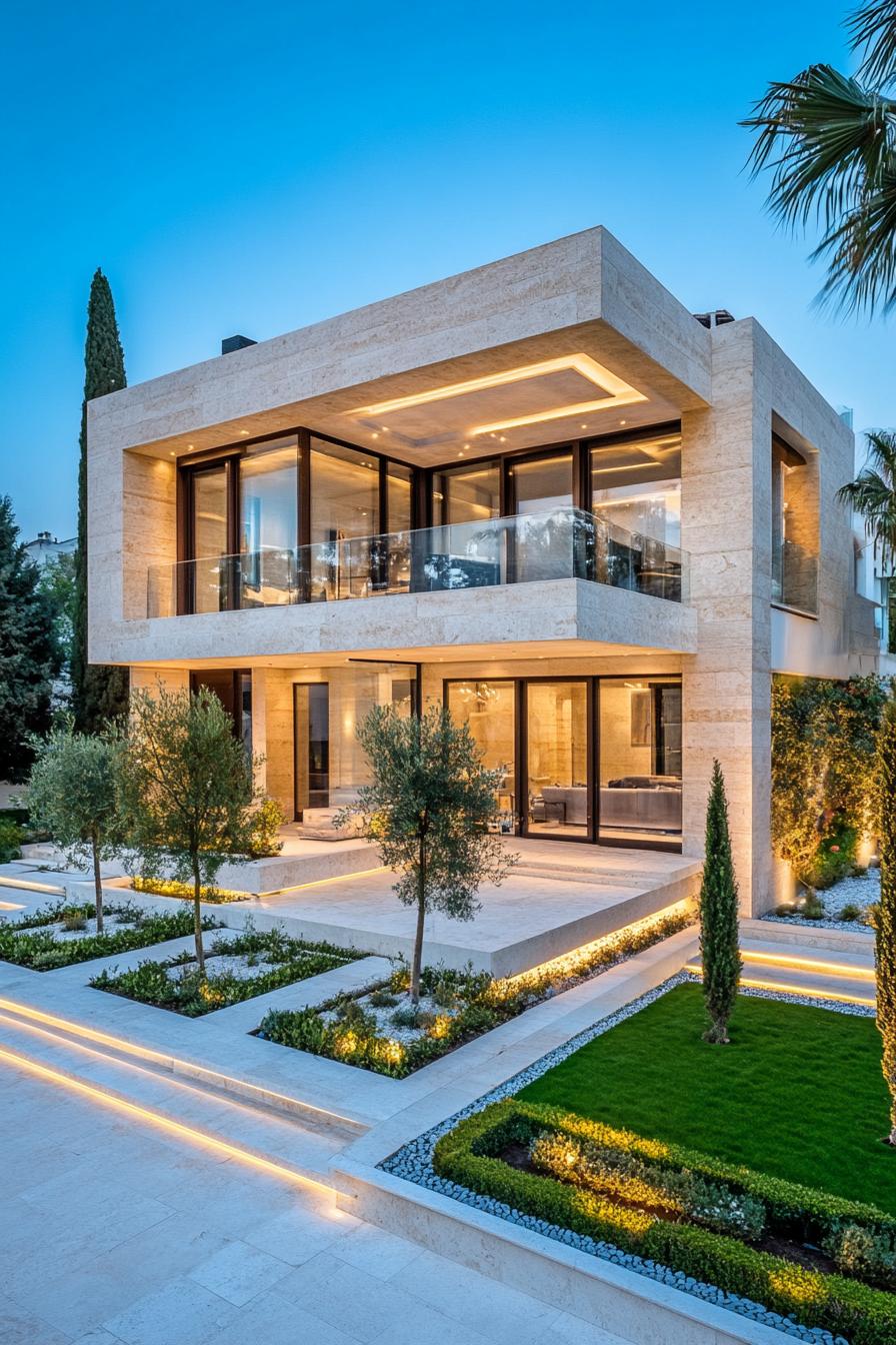 modern luxury house geometric limestone facade with glass roof terrace limestone yard with plant beds and trees LED lighting palm trees in the