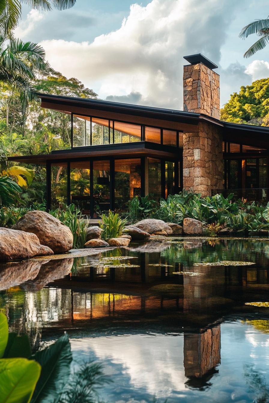 modern luxury house with half a frame roof full wall glass windows chimney of polished stone pond in front with boulders and lush greenery 1