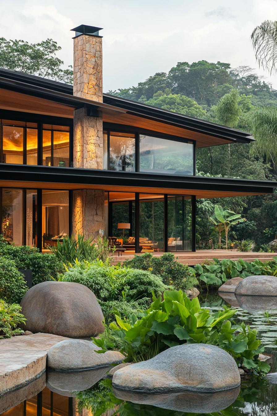 modern luxury house with half a frame roof full wall glass windows chimney of polished stone pond in front with boulders and lush greenery 2