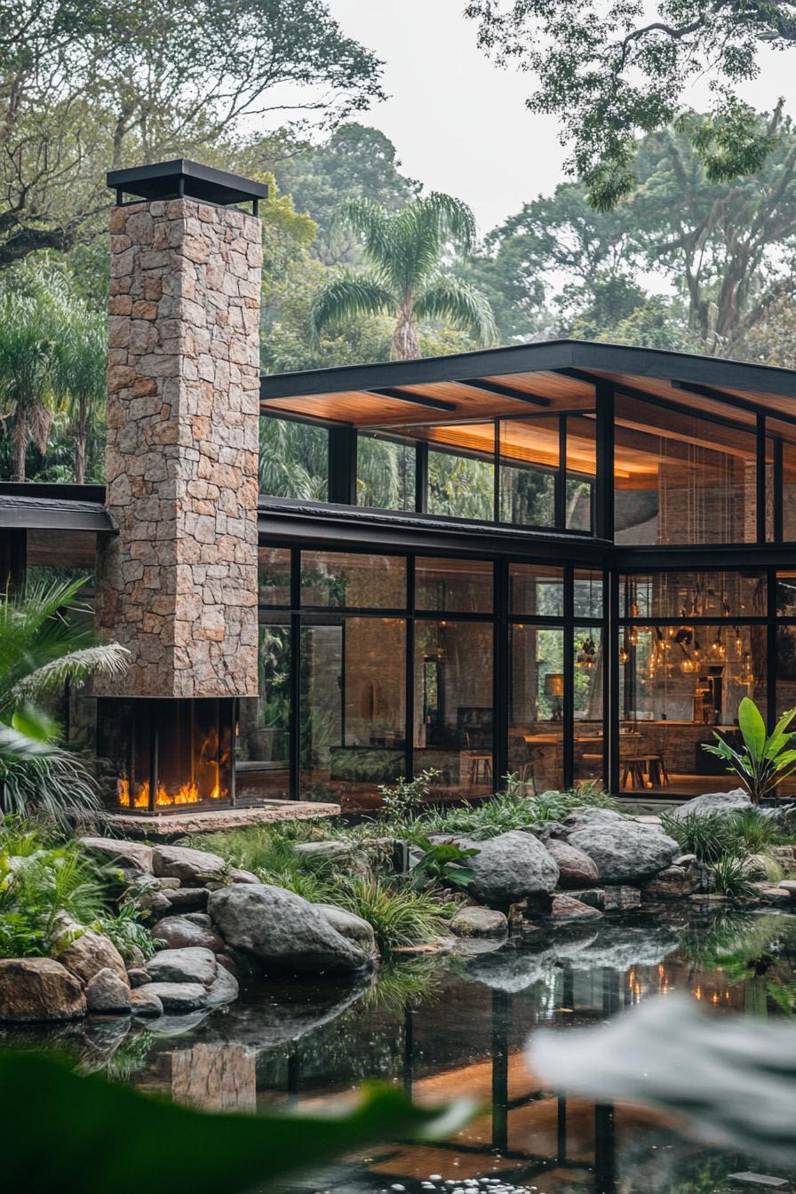 modern luxury house with half a frame roof full wall glass windows chimney of polished stone pond in front with boulders and lush greenery