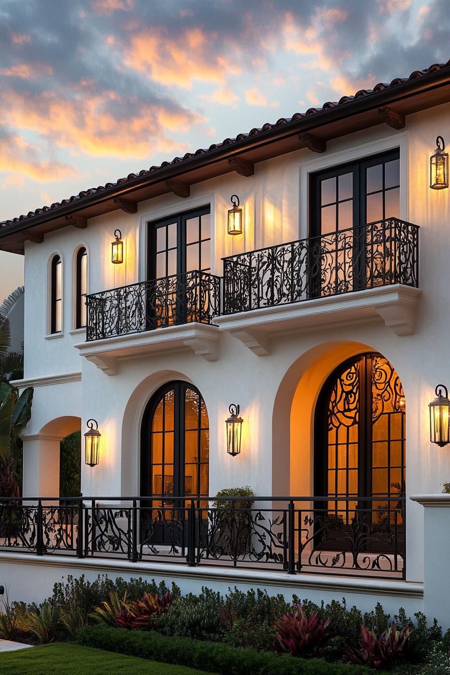 modern mediterranean revival architecture home facade with wrought iron balconies 1