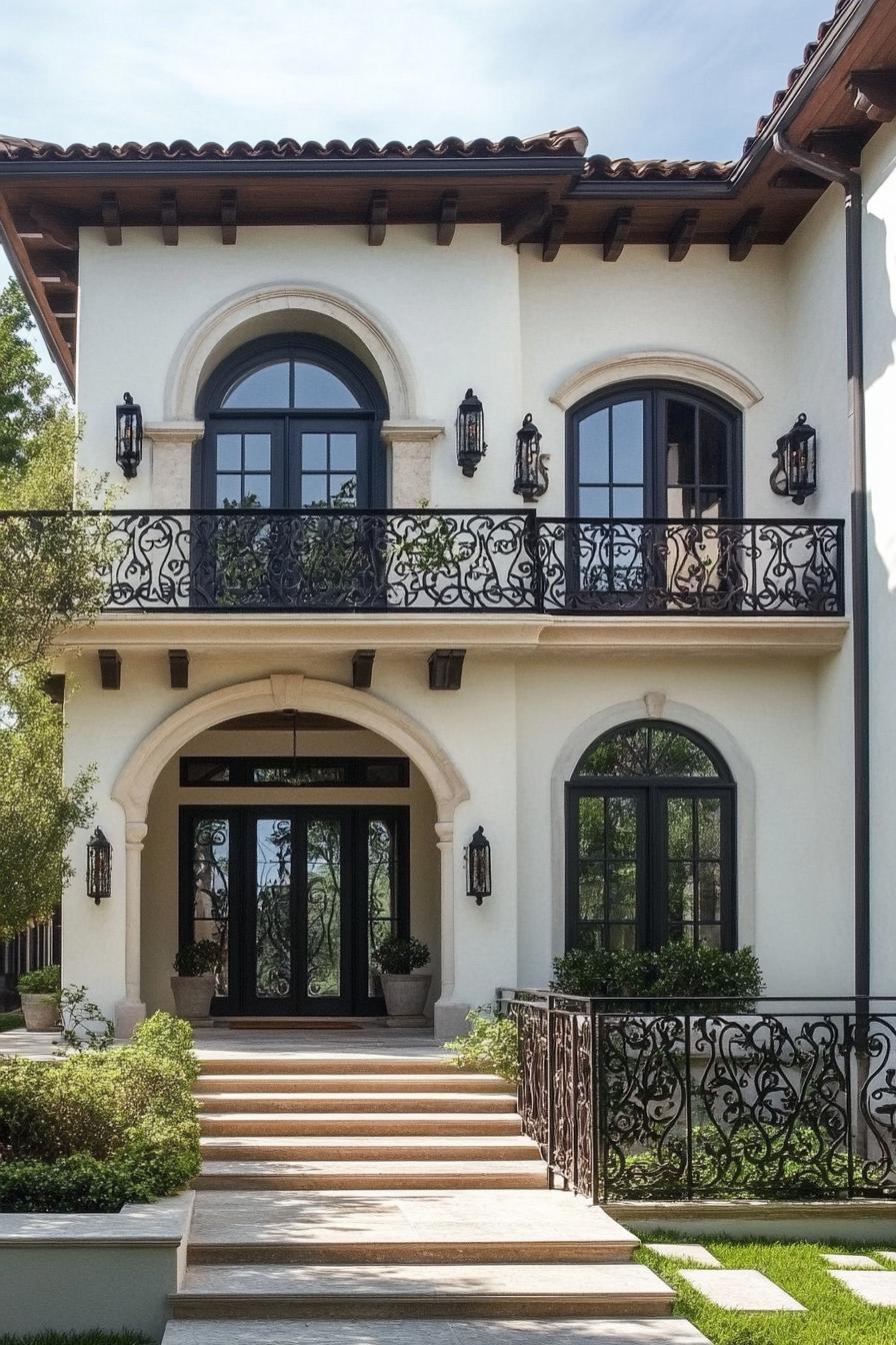 modern mediterranean revival architecture home facade with wrought iron balconies 2