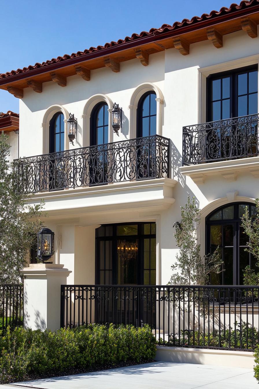 modern mediterranean revival architecture home facade with wrought iron balconies 3