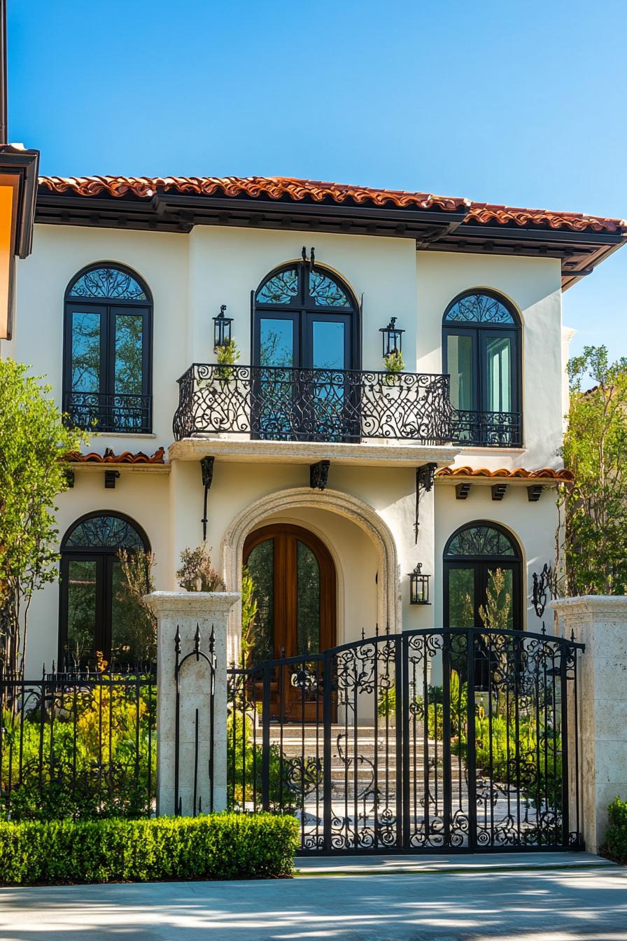 modern mediterranean revival architecture home facade with wrought iron balconies