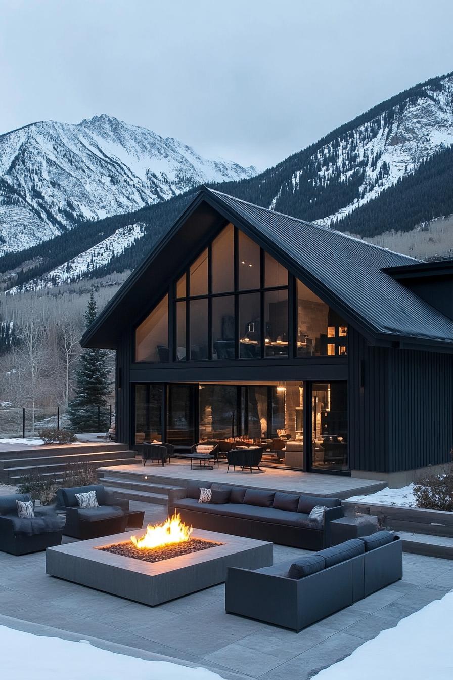 modern mountain house with dark facade full wall windows pitched roof large paved patio with outdoor furniture and a firepit snowy mountains in 1