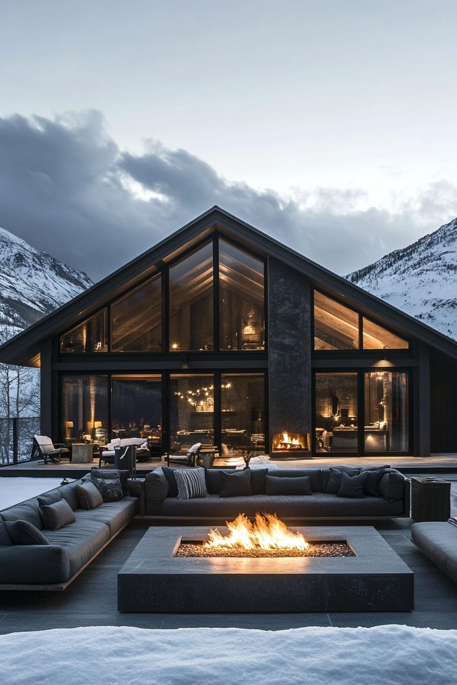 modern mountain house with dark facade full wall windows pitched roof large paved patio with outdoor furniture and a firepit snowy mountains in 2