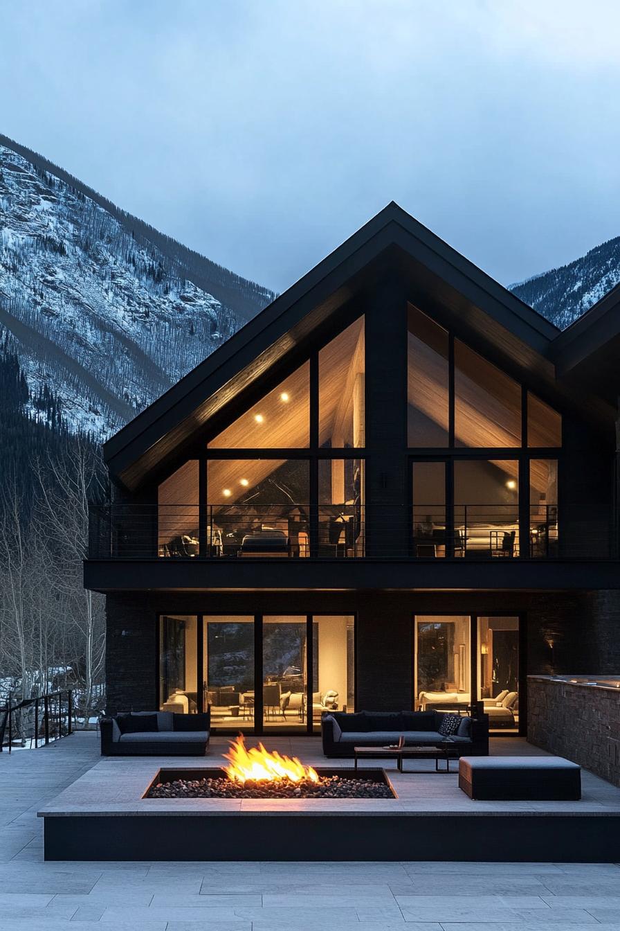 modern mountain house with dark facade full wall windows pitched roof large paved patio with outdoor furniture and a firepit snowy mountains in