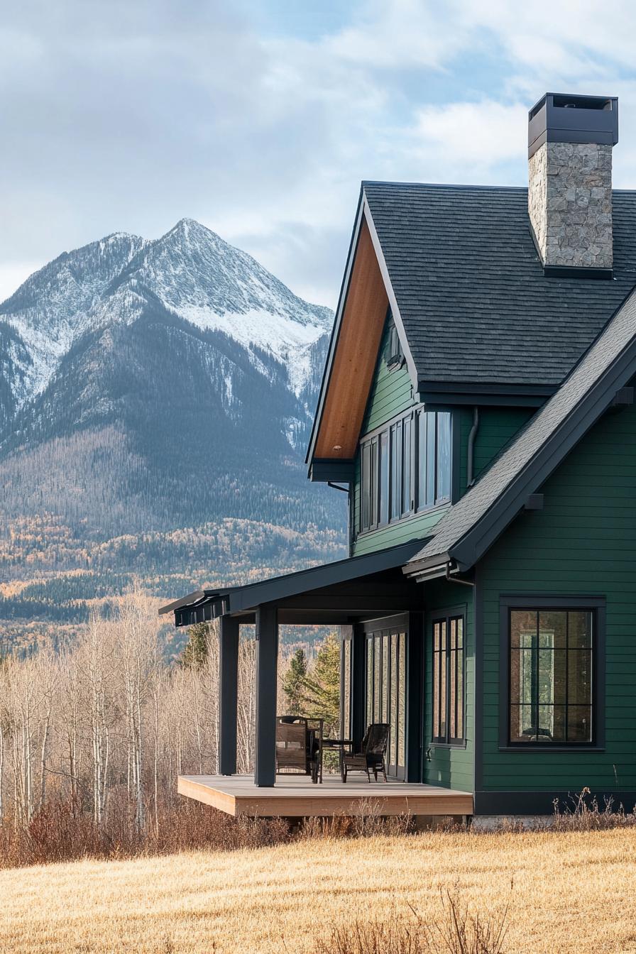 modern mountain house with forest green shiplap siding black window trim mountain range in the background 1