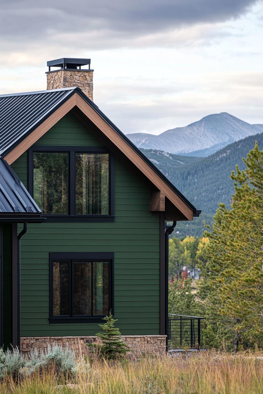 modern mountain house with forest green shiplap siding black window trim mountain range in the background 2