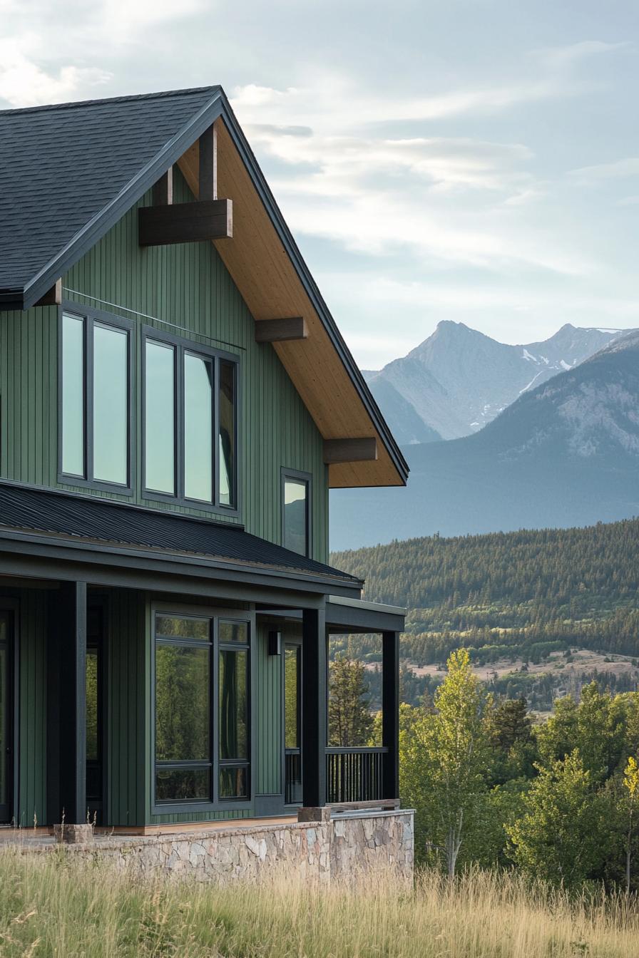 modern mountain house with forest green shiplap siding black window trim mountain range in the background 3