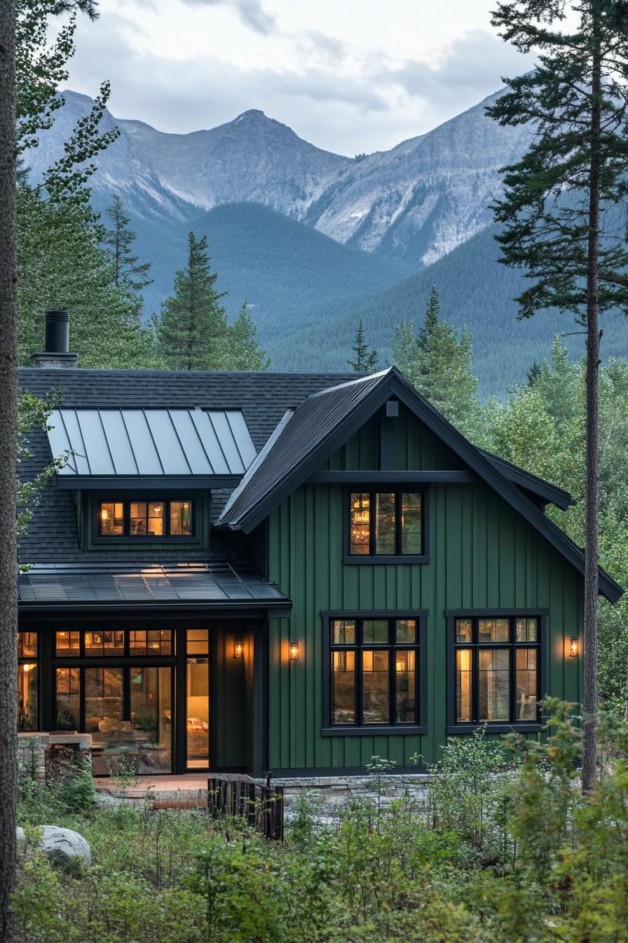 modern mountain house with forest green shiplap siding black window trim mountain range in the background